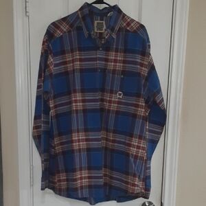 Rough Stock Panhandle Slim Blue and Red Plaid Casual Button-Down Shirt